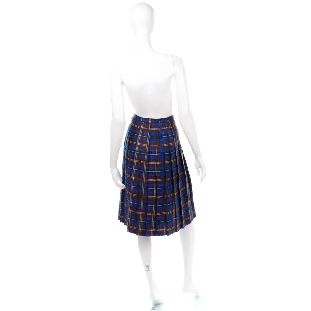 1960s Peck & Peck Vintage Blue & Brown Tartan Kilt Skirt