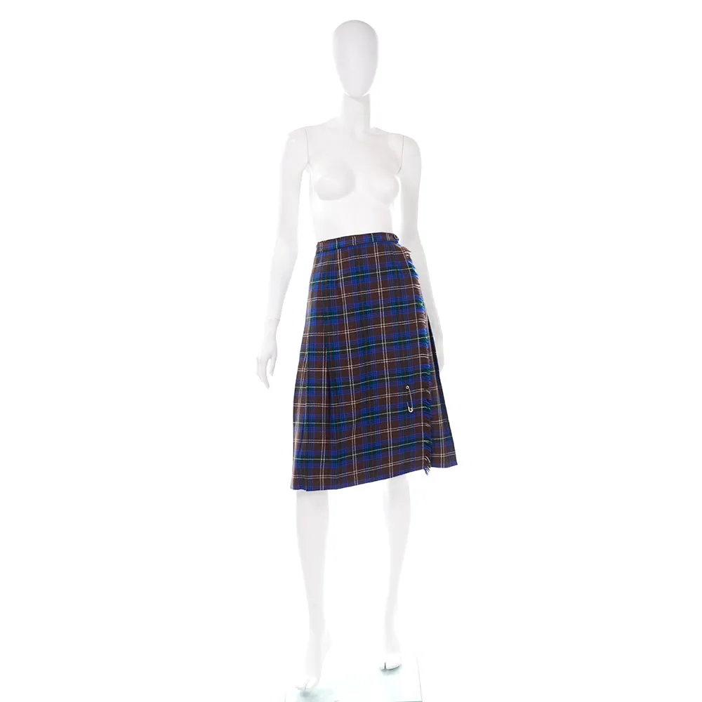 1960s Peck & Peck Vintage Blue & Brown Tartan Kilt Skirt