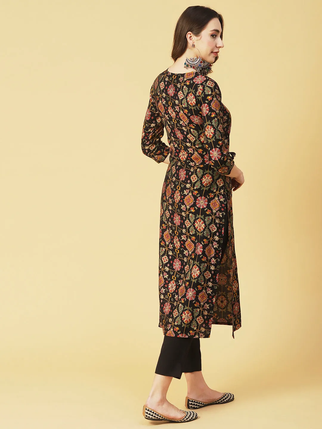 Abstract & Foil Printed Zari Dori & Resham Embroidered Kurta With Pants - Black