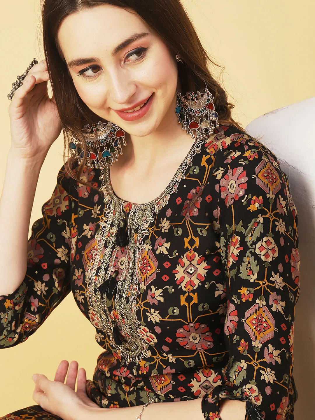 Abstract & Foil Printed Zari Dori & Resham Embroidered Kurta With Pants - Black