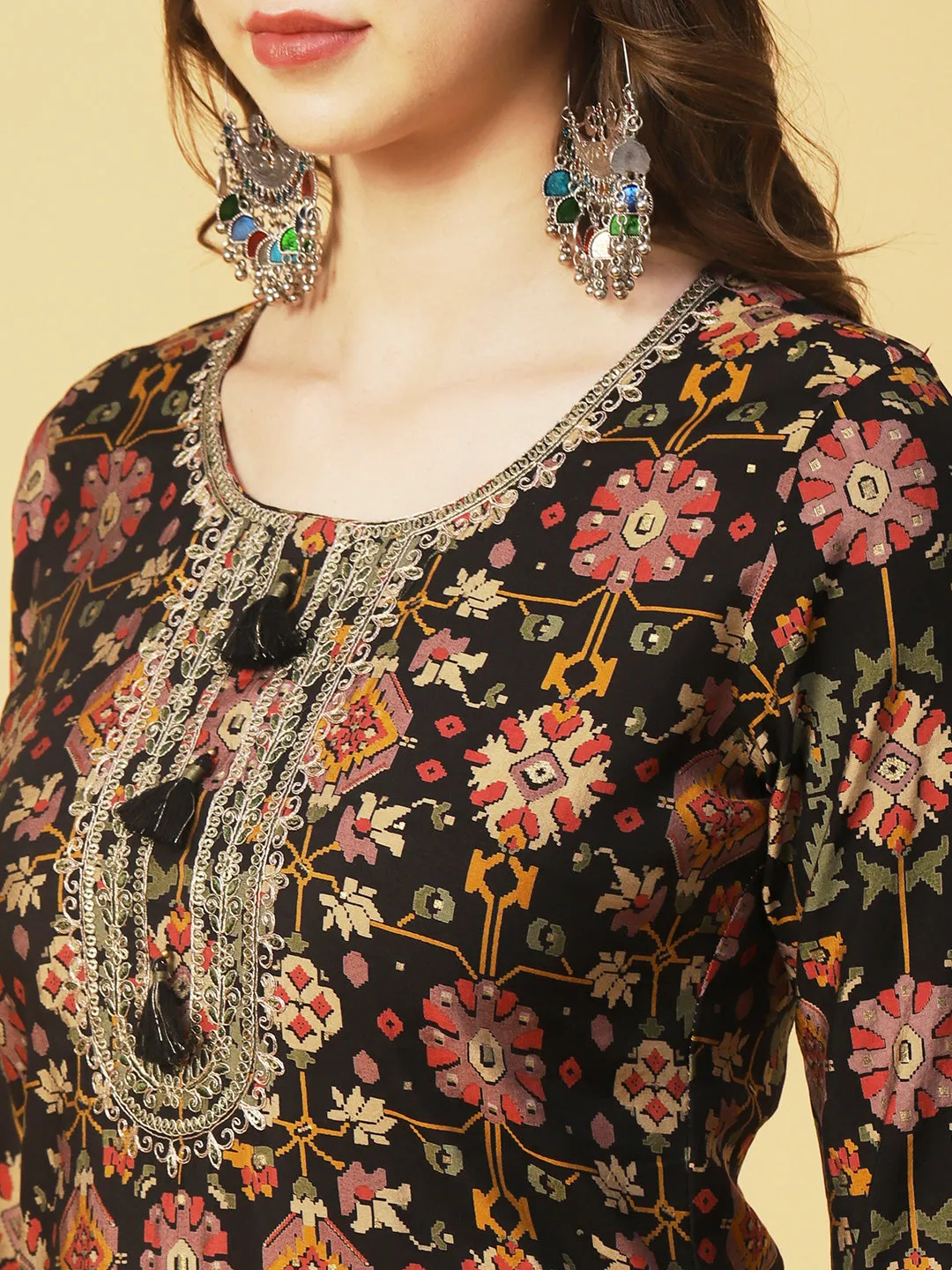 Abstract & Foil Printed Zari Dori & Resham Embroidered Kurta With Pants - Black