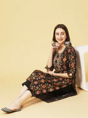 Abstract & Foil Printed Zari Dori & Resham Embroidered Kurta With Pants - Black