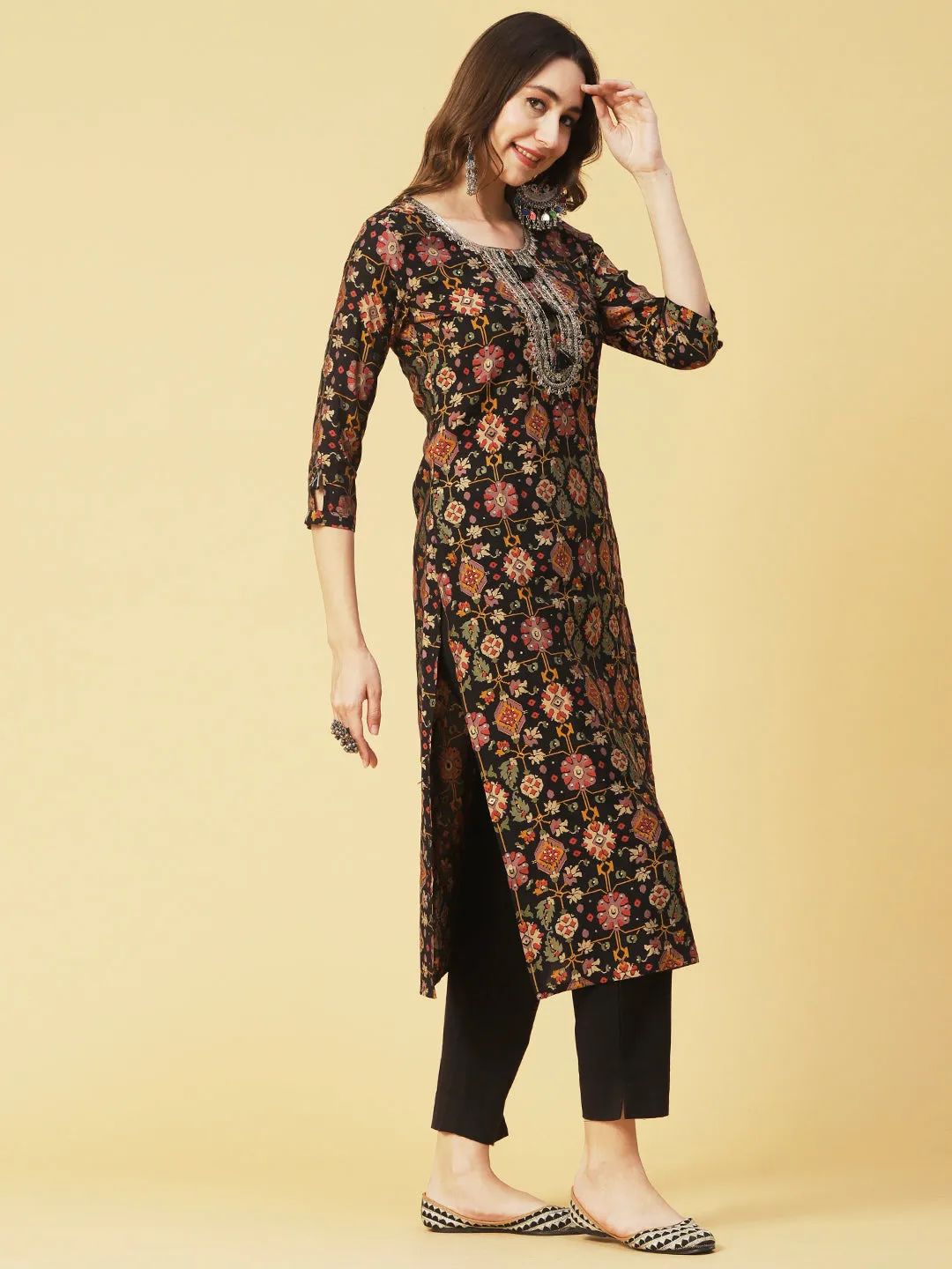 Abstract & Foil Printed Zari Dori & Resham Embroidered Kurta With Pants - Black