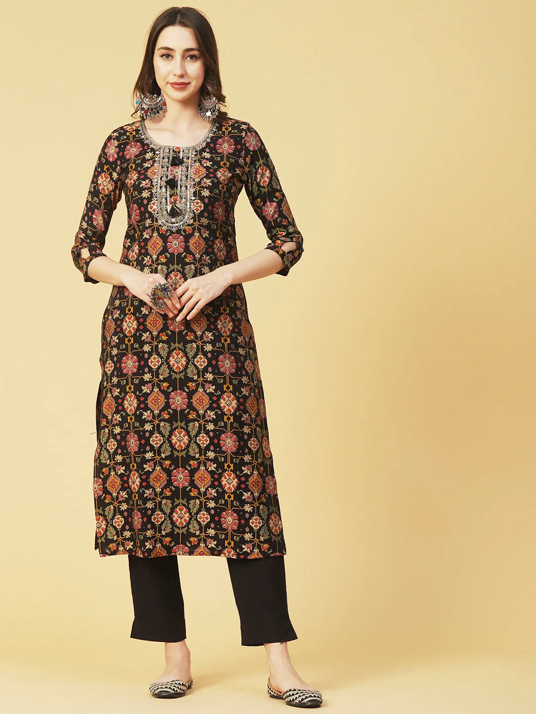 Abstract & Foil Printed Zari Dori & Resham Embroidered Kurta With Pants - Black