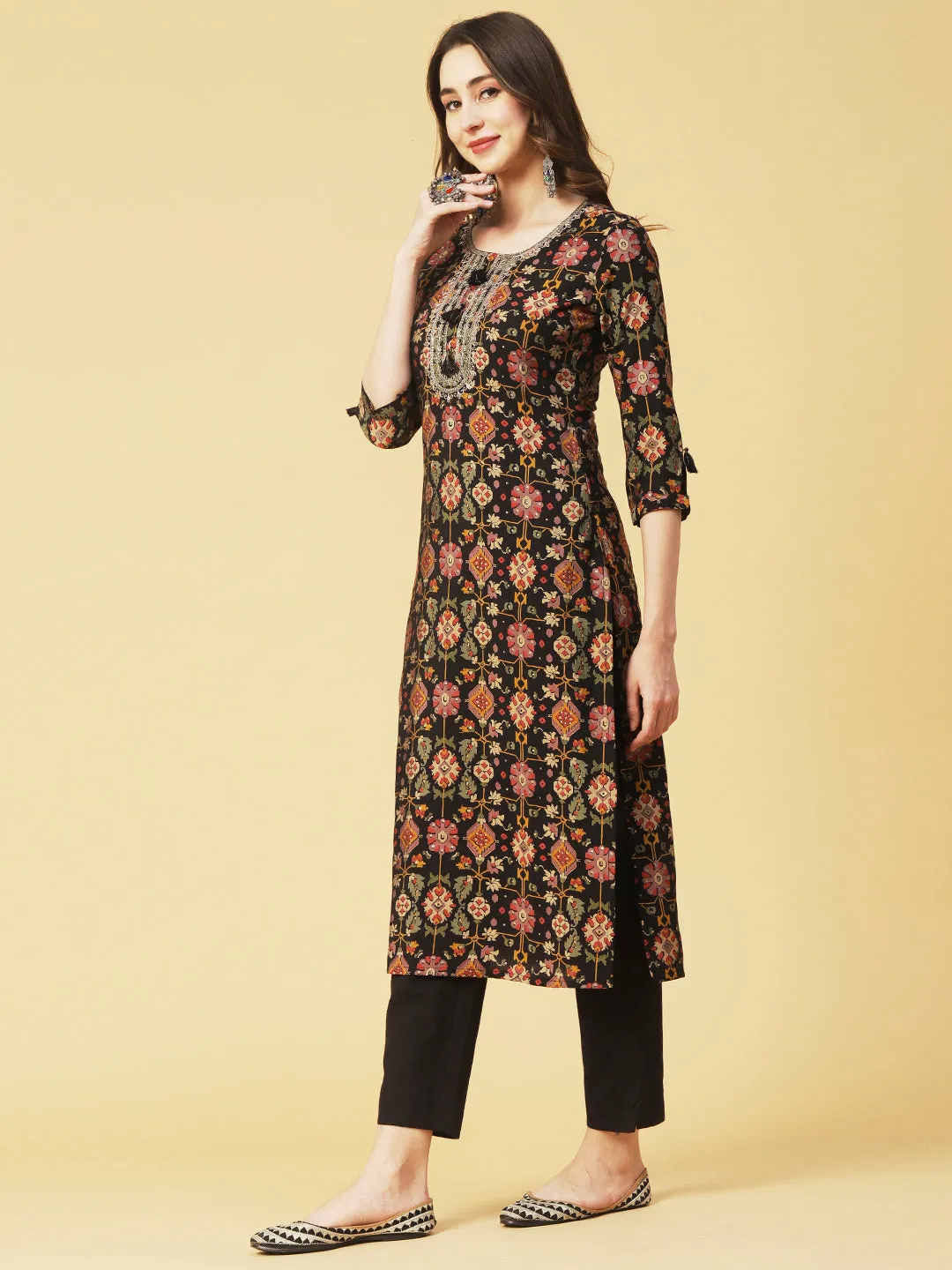 Abstract & Foil Printed Zari Dori & Resham Embroidered Kurta With Pants - Black