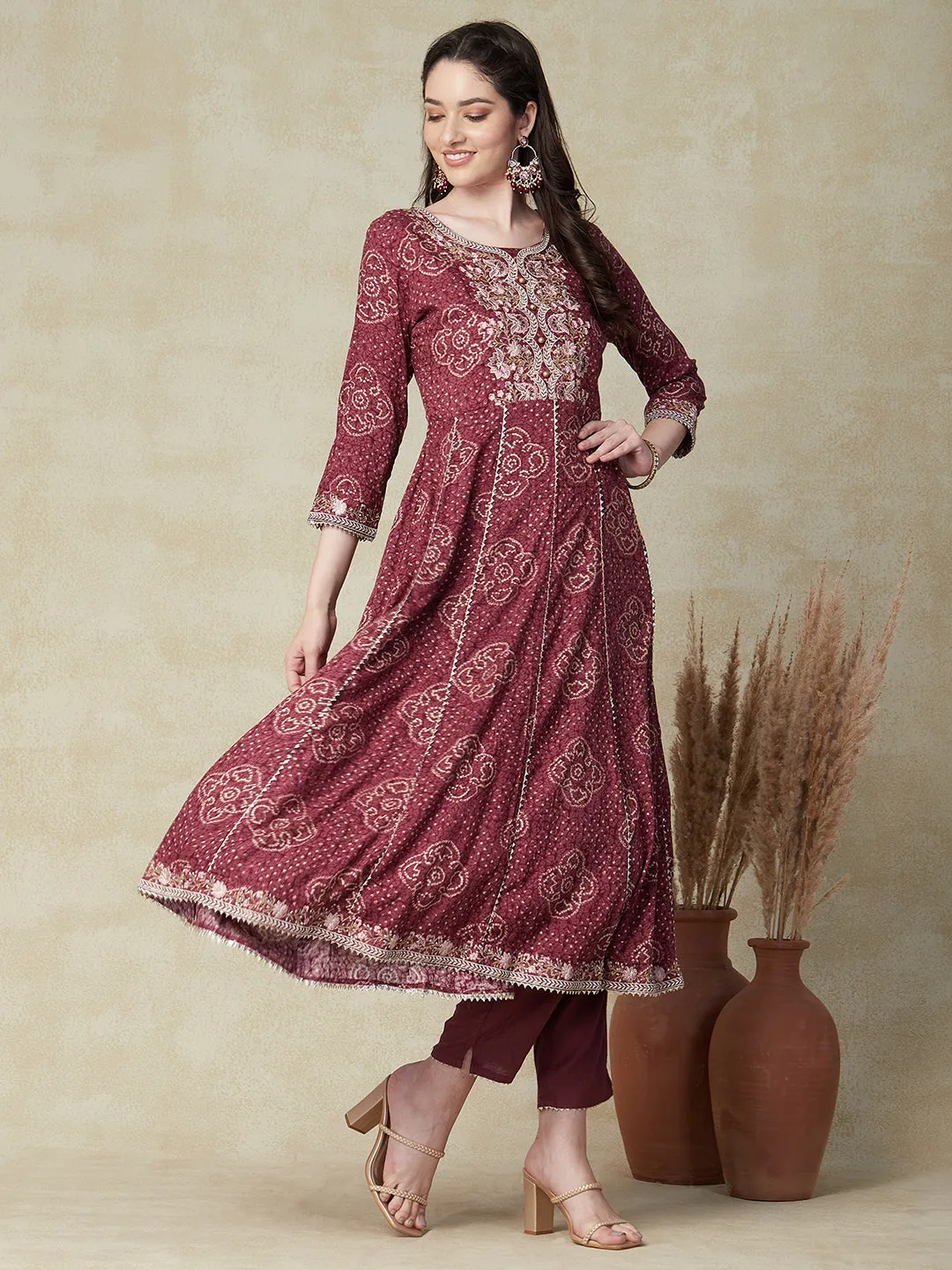 Abstract Printed Resham & Zari Embroidered Anarkali Kurta with Pants & Dupatta - Brown