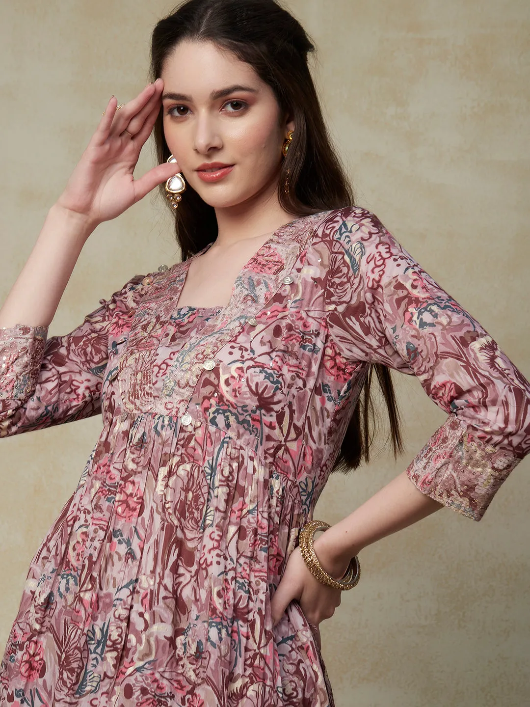 Abstract Printed Sequins & Zari Embroidered Empire Kurta with Pants - Light Mauve