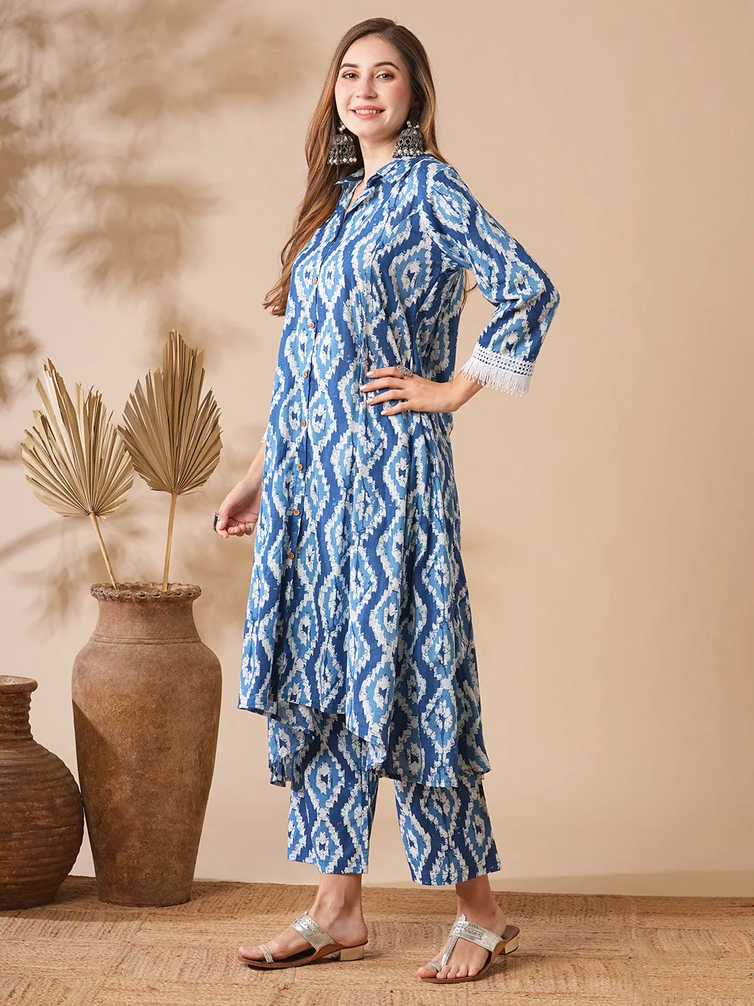 Abstract Printed Wooden Buttoned High-Low Hem Ailne Kurta with Pants - Blue