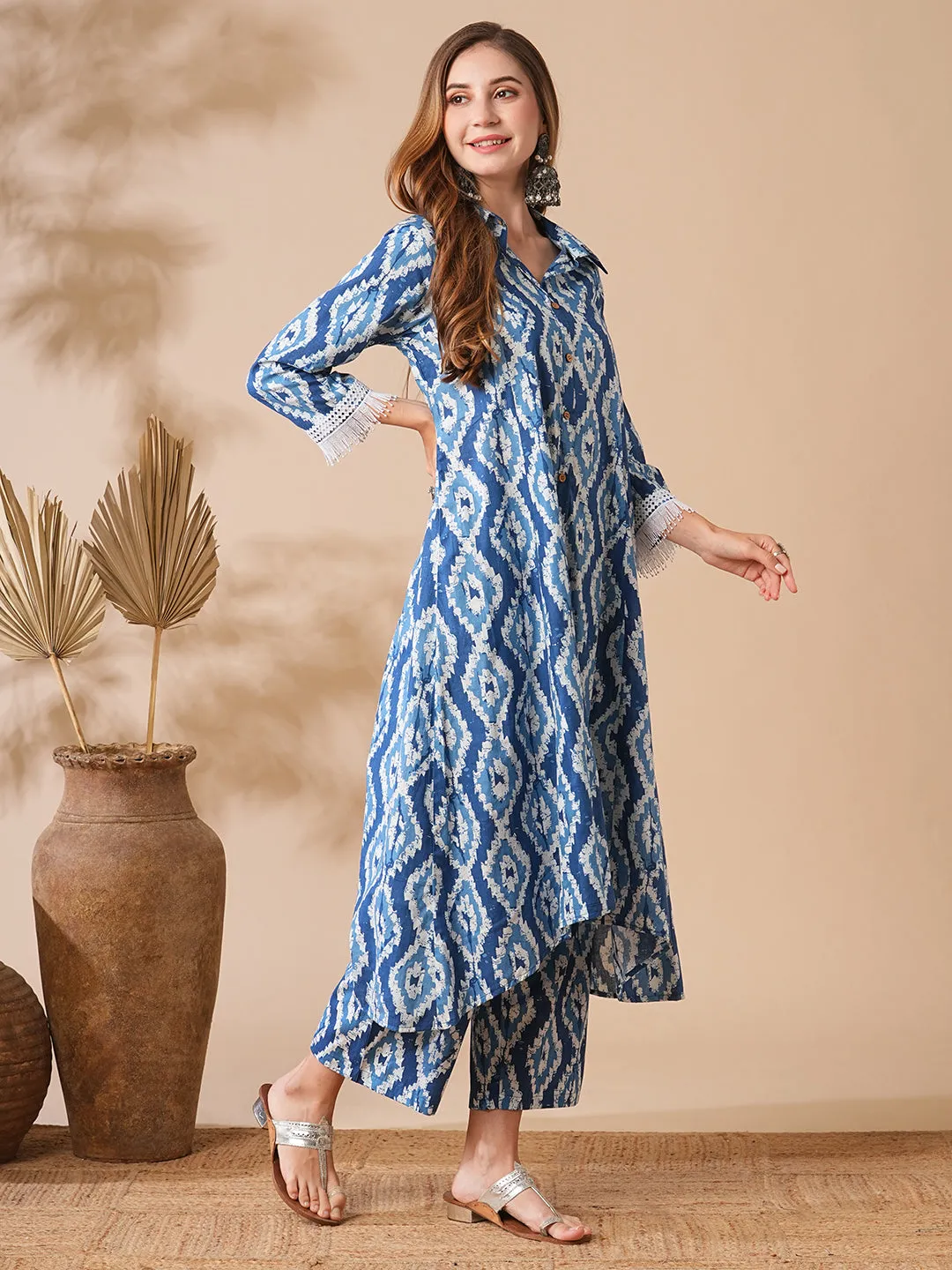 Abstract Printed Wooden Buttoned High-Low Hem Ailne Kurta with Pants - Blue