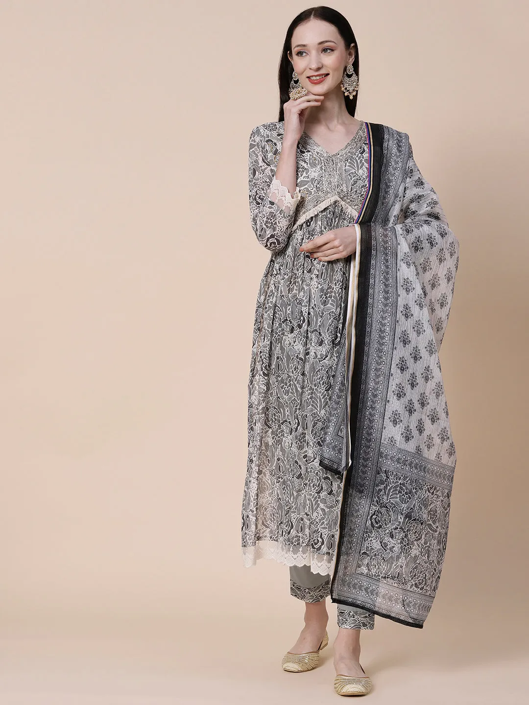 Abstract Printed Zari & Sequins Embroidered High Slit Mul-Cotton Kurta With Pants & Floral Dupatta - Grey