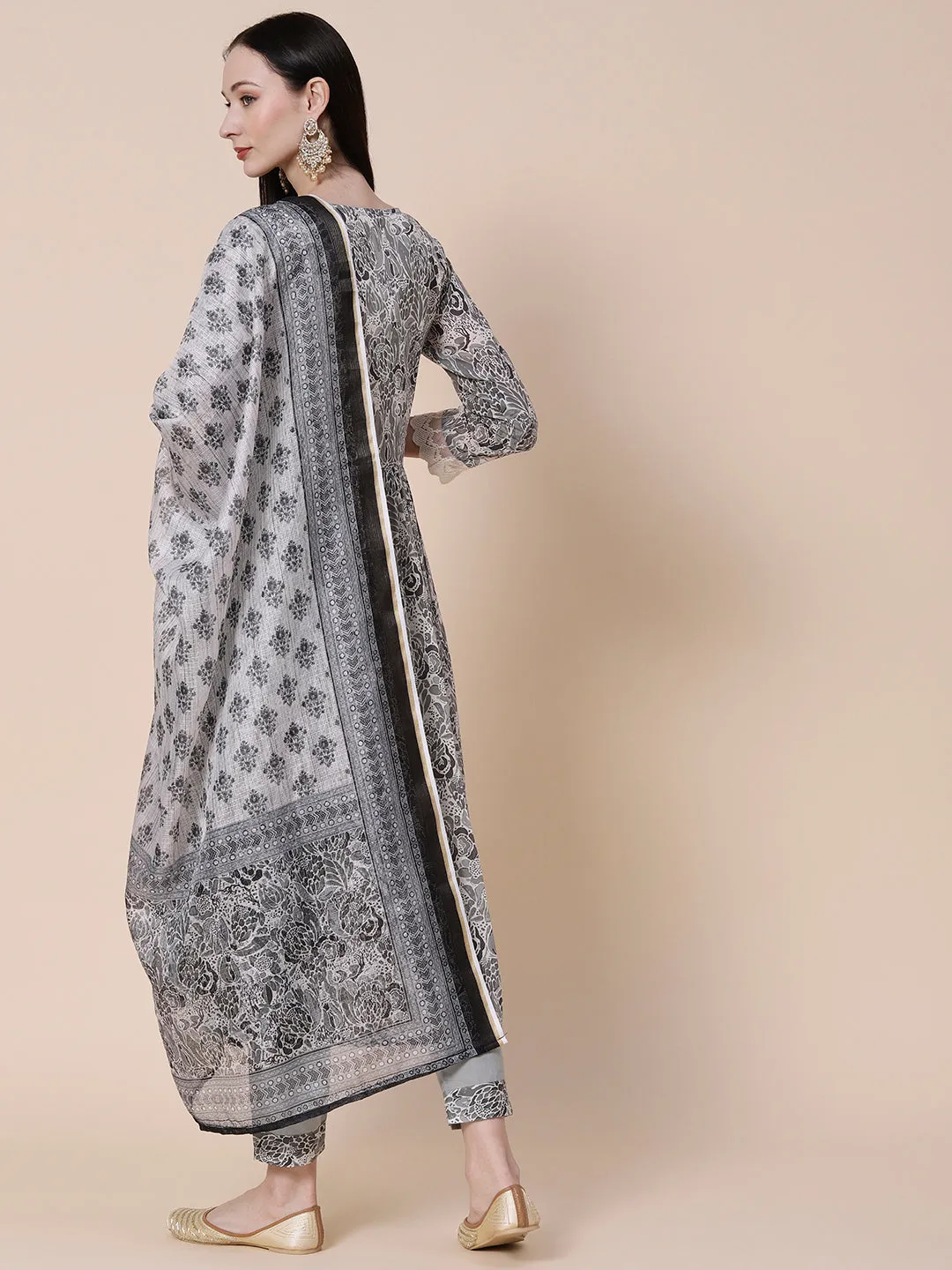 Abstract Printed Zari & Sequins Embroidered High Slit Mul-Cotton Kurta With Pants & Floral Dupatta - Grey