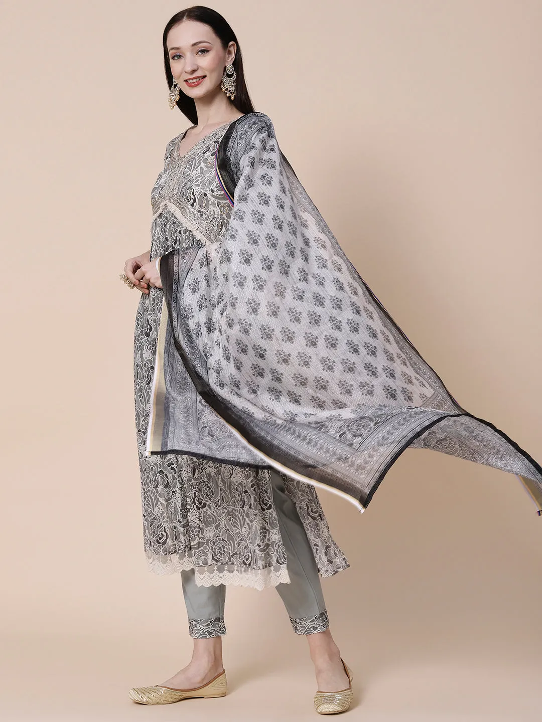 Abstract Printed Zari & Sequins Embroidered High Slit Mul-Cotton Kurta With Pants & Floral Dupatta - Grey