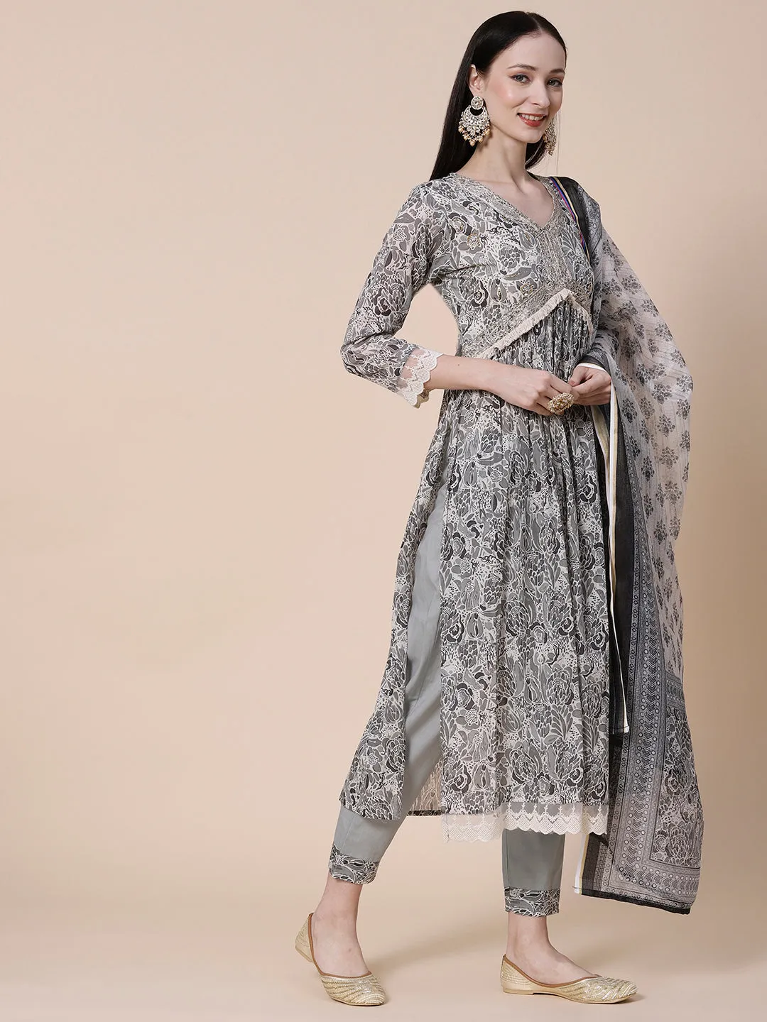 Abstract Printed Zari & Sequins Embroidered High Slit Mul-Cotton Kurta With Pants & Floral Dupatta - Grey