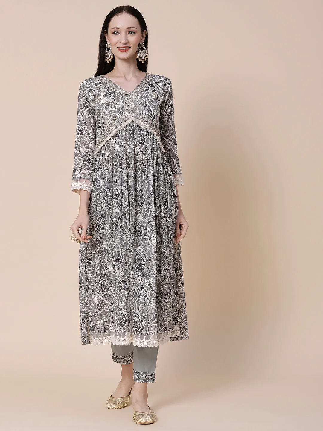 Abstract Printed Zari & Sequins Embroidered High Slit Mul-Cotton Kurta With Pants & Floral Dupatta - Grey