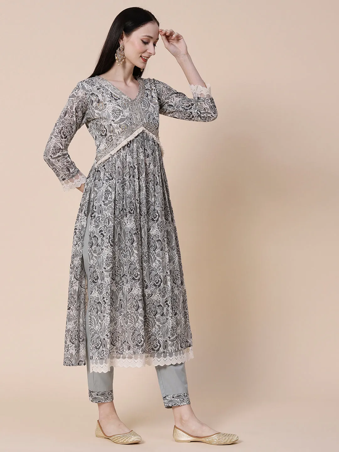 Abstract Printed Zari & Sequins Embroidered High Slit Mul-Cotton Kurta With Pants & Floral Dupatta - Grey