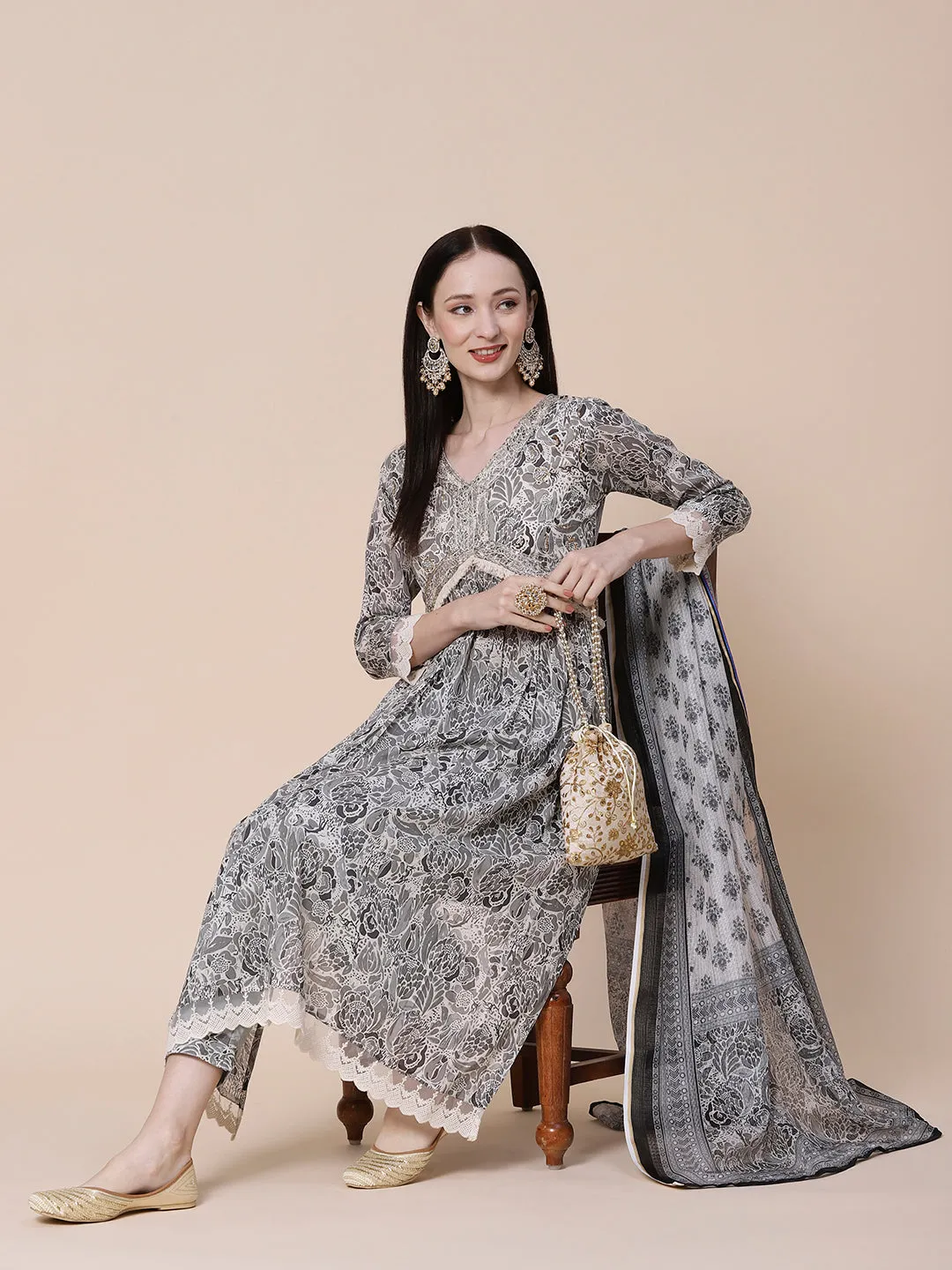 Abstract Printed Zari & Sequins Embroidered High Slit Mul-Cotton Kurta With Pants & Floral Dupatta - Grey