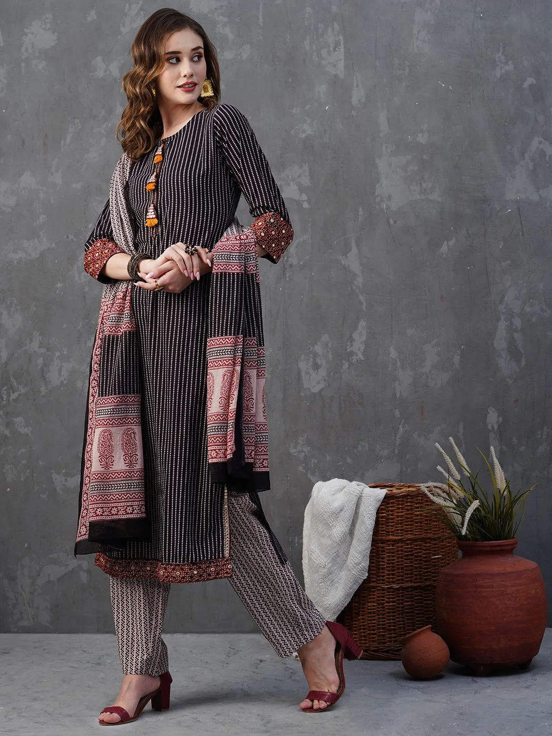 Abstract-Stripes Printed Mirror & Resham Embroidered Kurta with Pants & dupatta - Black