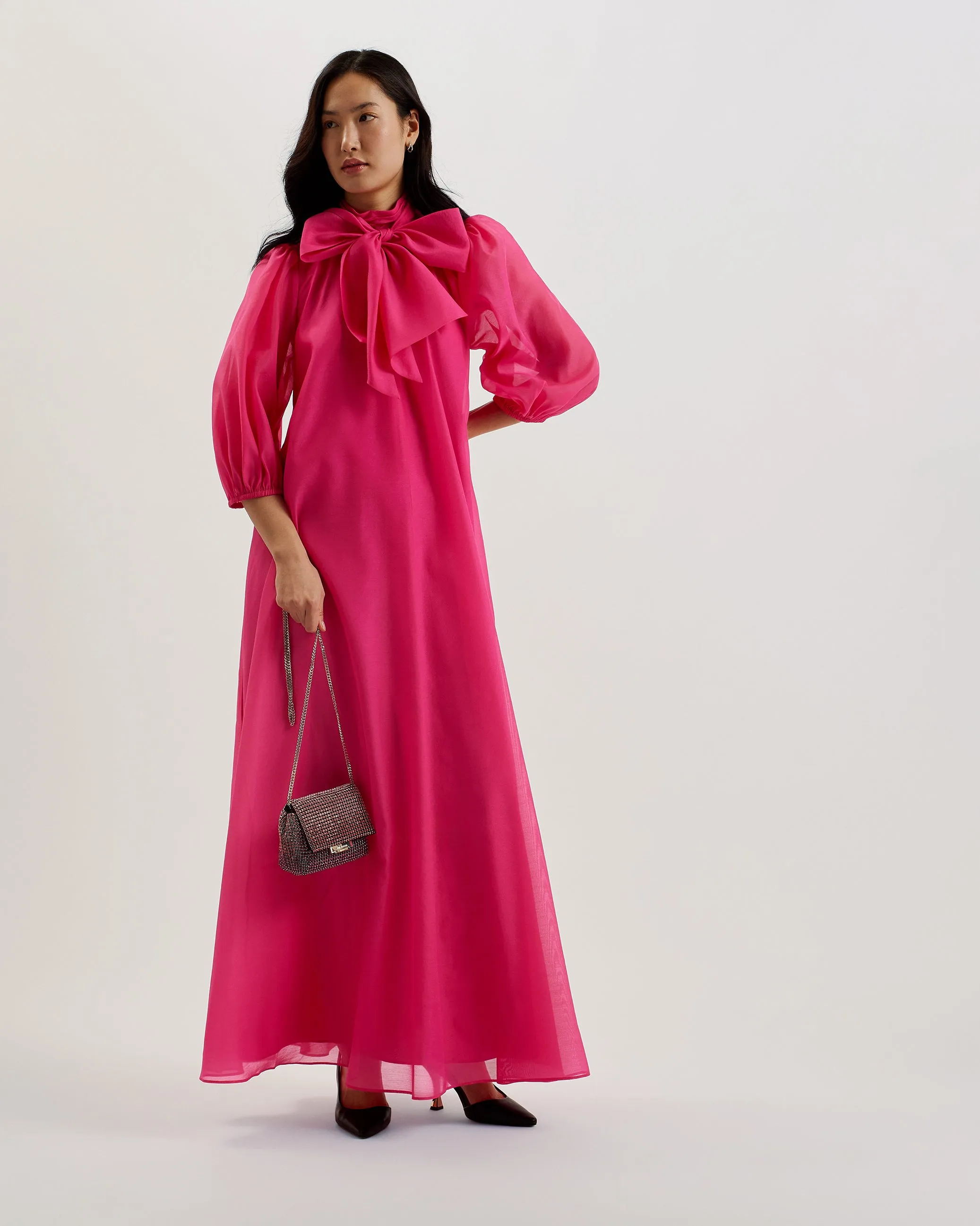 Adaifi Sheer Organza Tie Neck Maxi Dress Brt-Pink