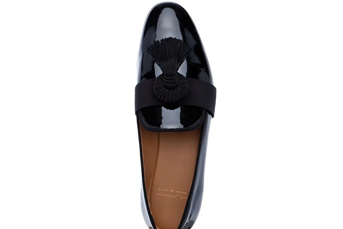 AGADIR PATENT BLACK SLIPPERS