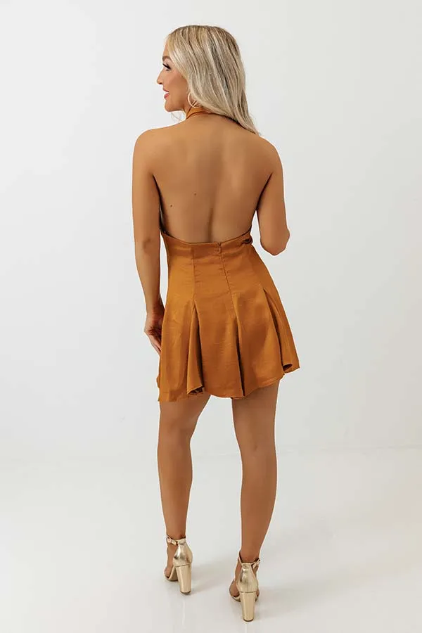 All Of A Sudden Satin Romper In Camel