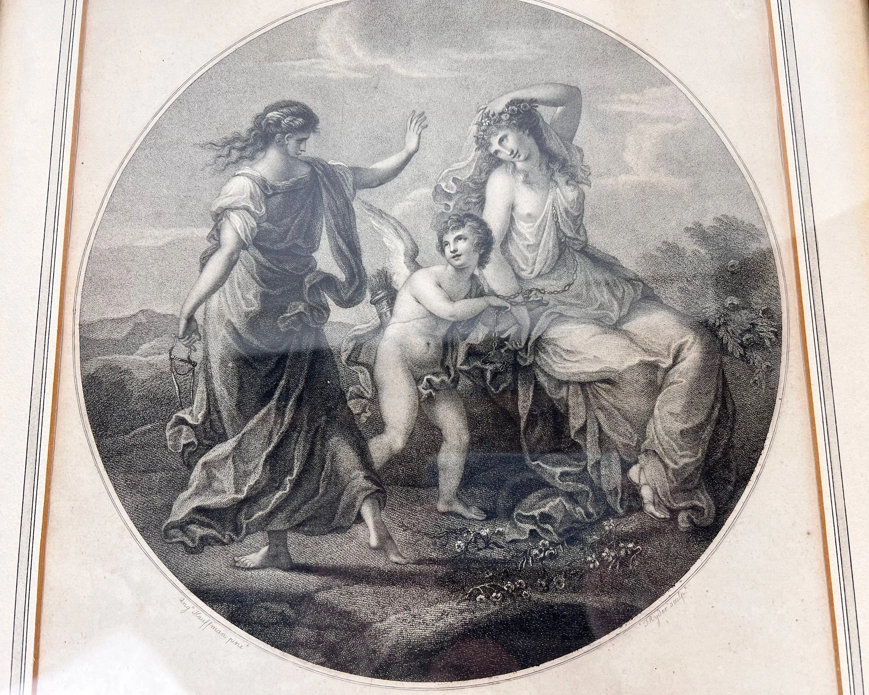 Antique 18th c Neoclassical Engraving Angelika Kauffmann Prudence and Beauty Thomas Ryder Engraver