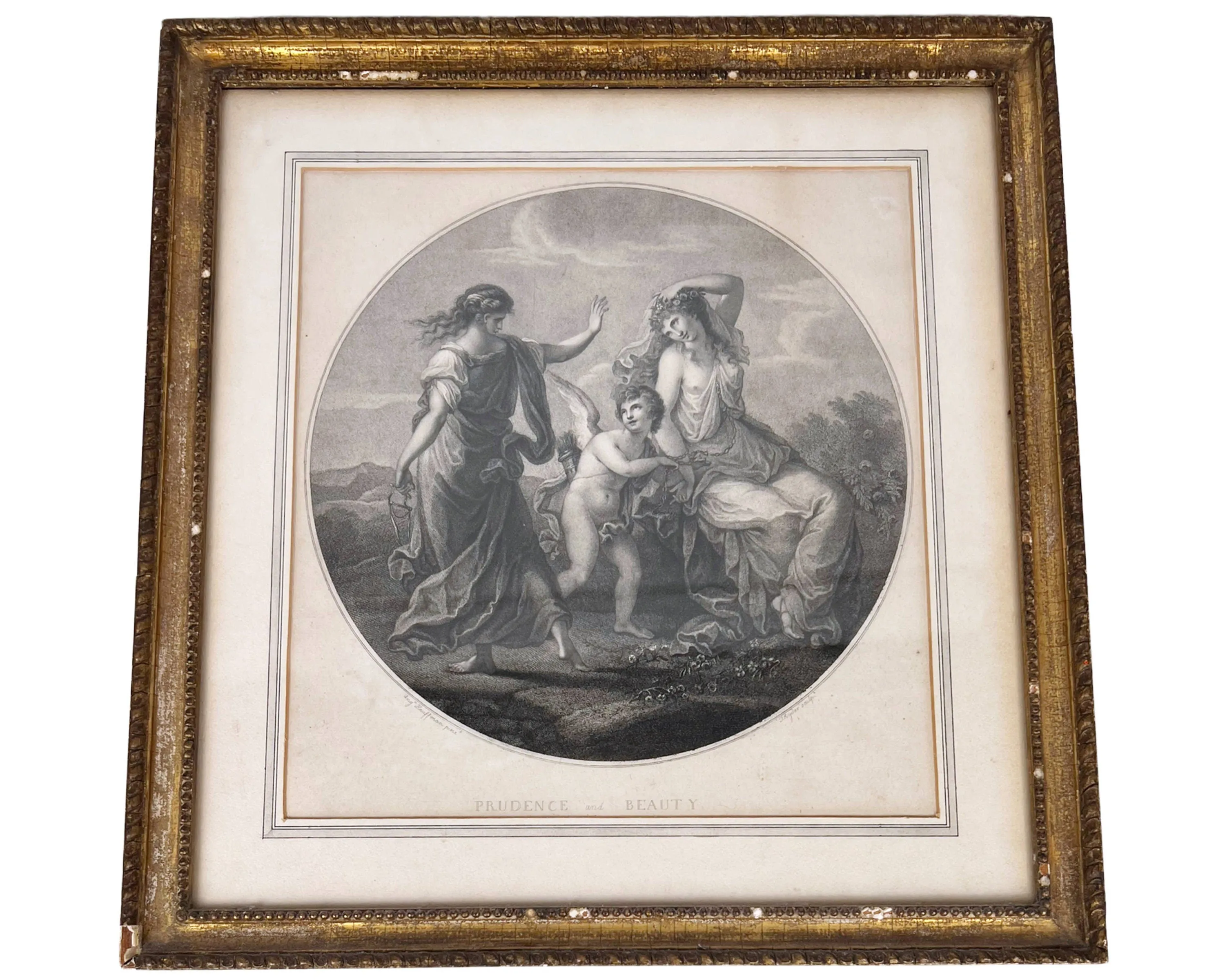 Antique 18th c Neoclassical Engraving Angelika Kauffmann Prudence and Beauty Thomas Ryder Engraver