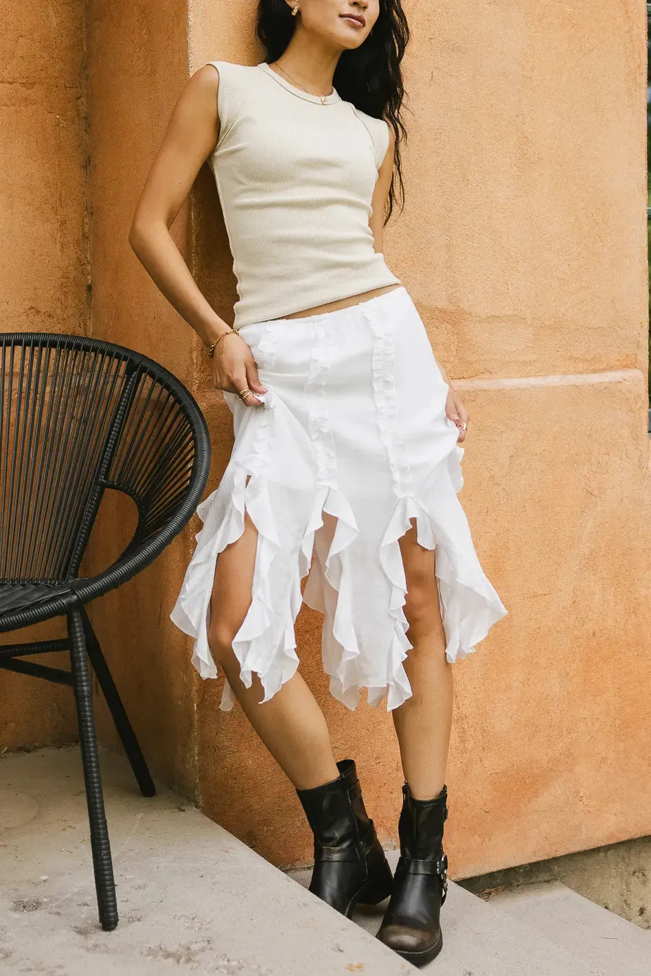 Arista Ruffled Midi Skirt in White