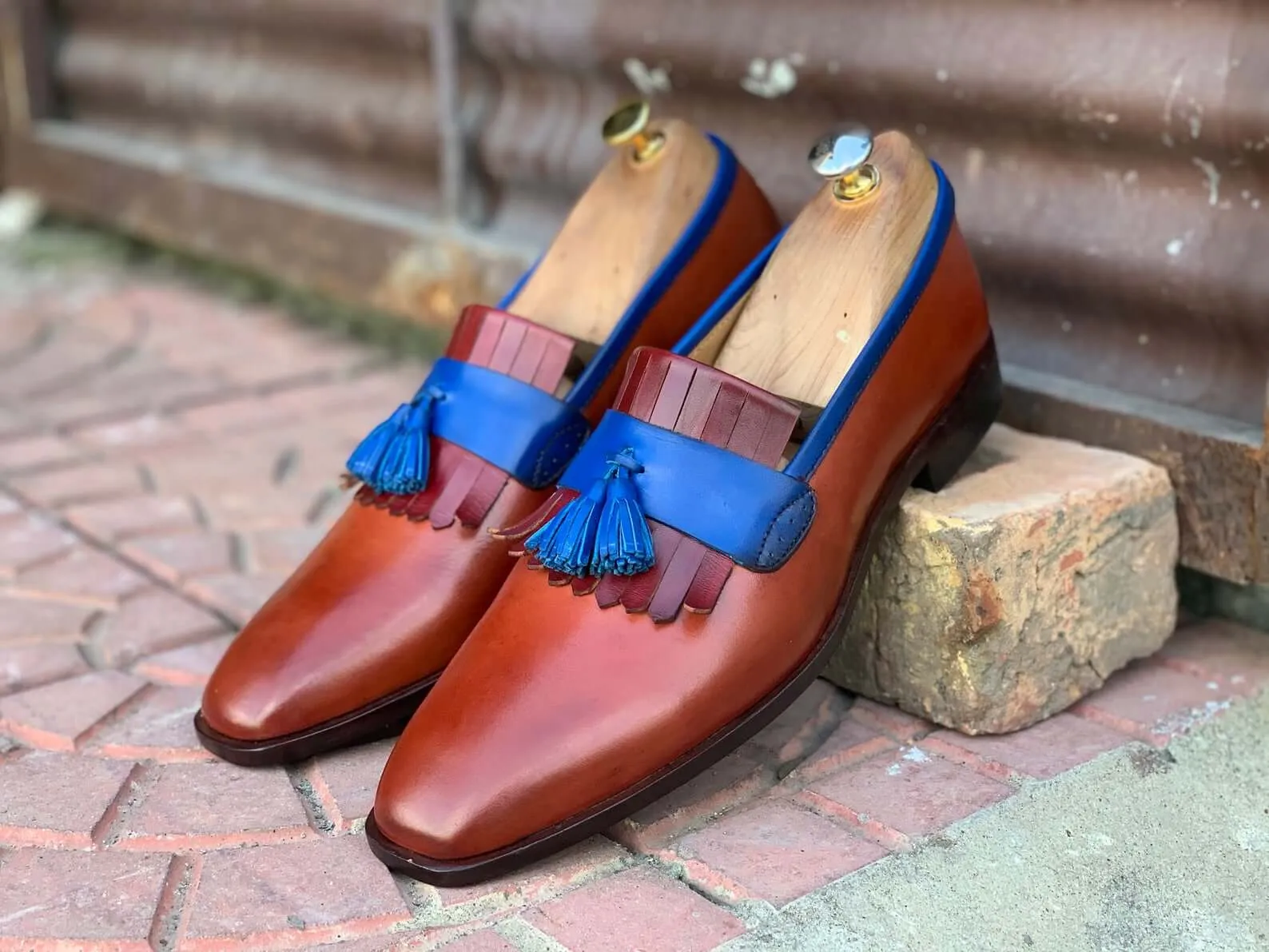 Awesome Handmade Men's Blue & Brown Leather Fringes Loafer Shoes, Men Dress Formal Party Shoes