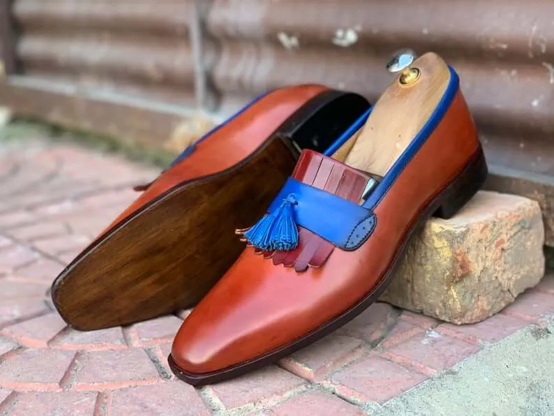 Awesome Handmade Men's Blue & Brown Leather Fringes Loafer Shoes, Men Dress Formal Party Shoes