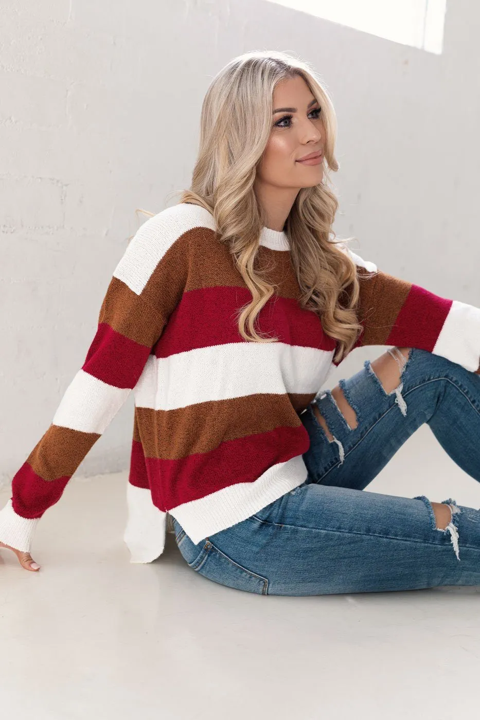 Bev Burgundy and Tan Striped Sweater