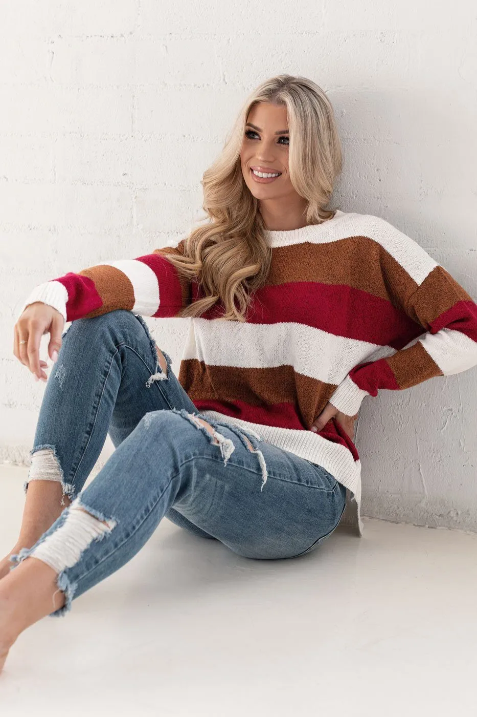 Bev Burgundy and Tan Striped Sweater