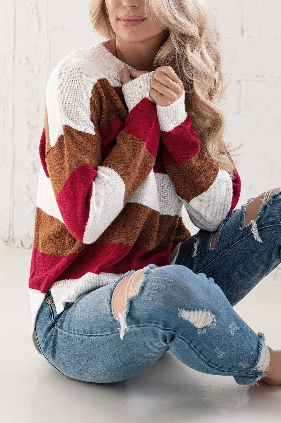 Bev Burgundy and Tan Striped Sweater