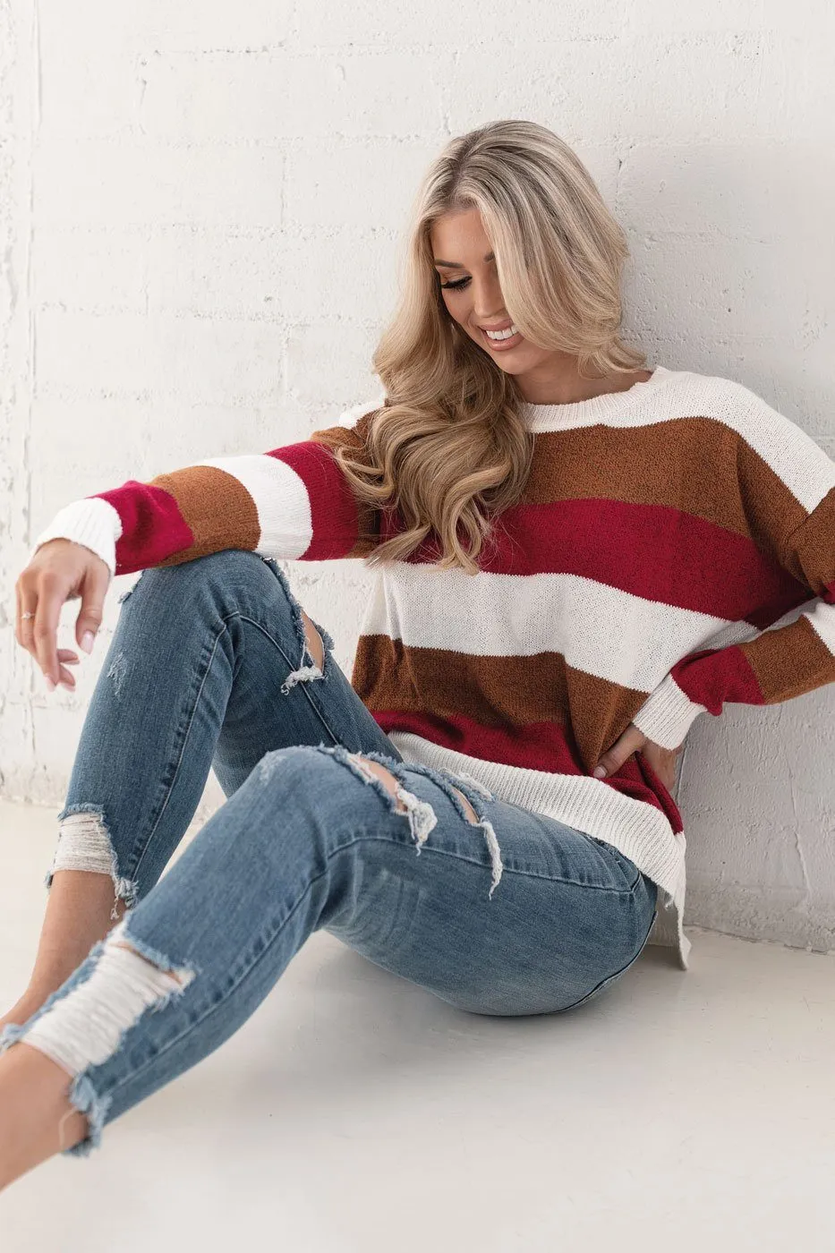 Bev Burgundy and Tan Striped Sweater