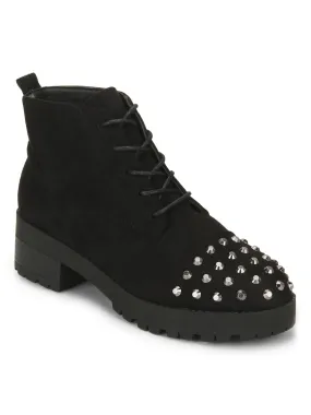 Black Micro Studded Biker Ankle Boots