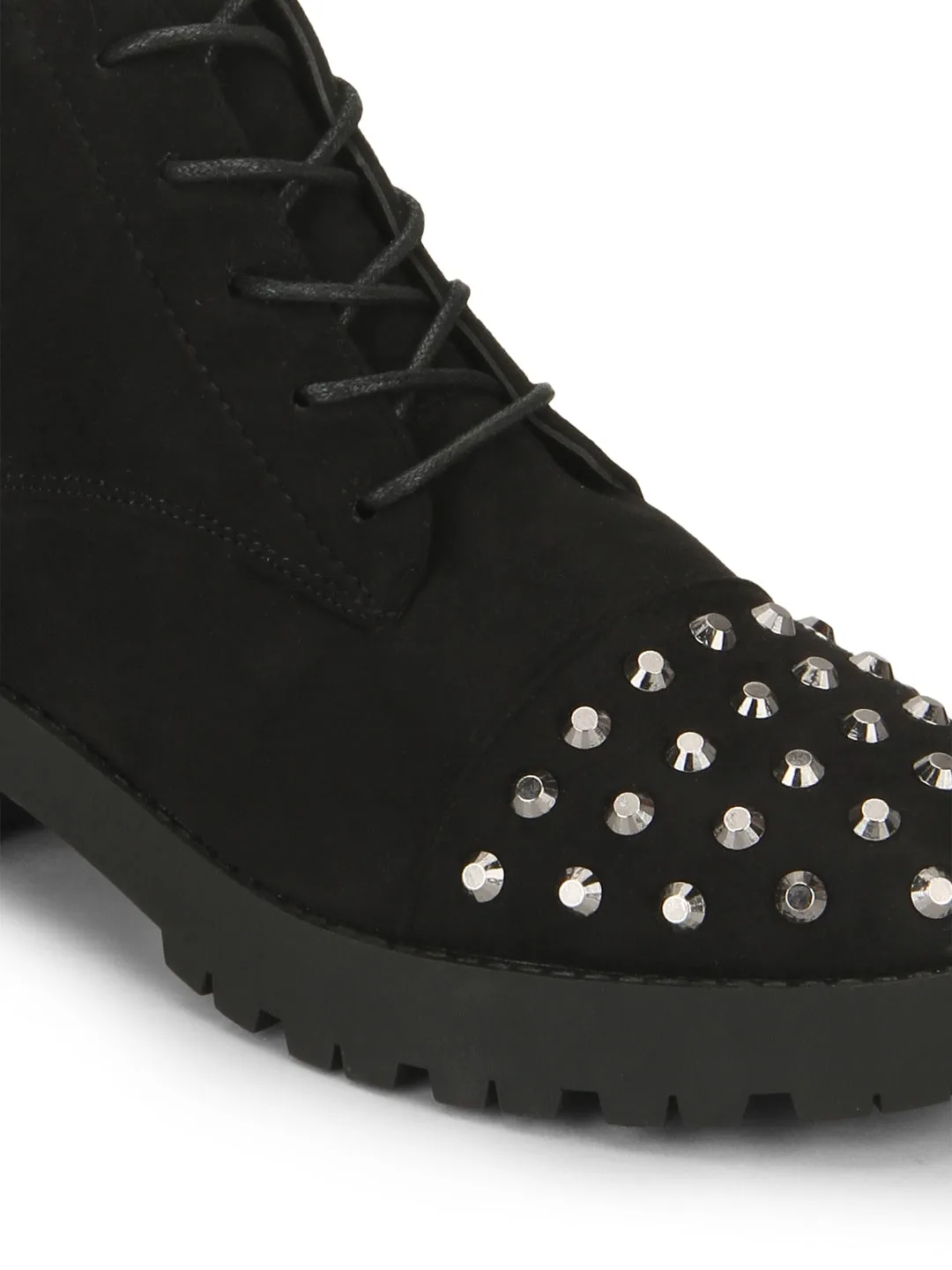 Black Micro Studded Biker Ankle Boots