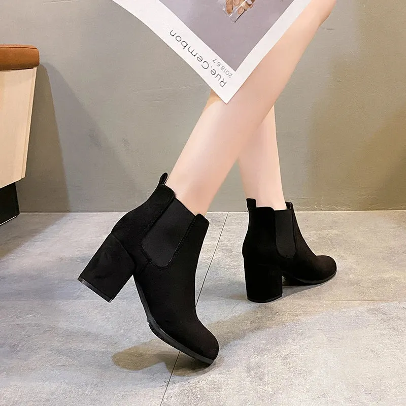 Botas Mujer 2023 Winter New Round Toe Flock Chelsea Boots Women Thick Heel Slip-On Retro Ankle Boots Women's Shoes Rubber Basic