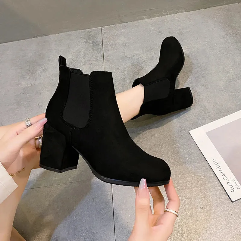 Botas Mujer 2023 Winter New Round Toe Flock Chelsea Boots Women Thick Heel Slip-On Retro Ankle Boots Women's Shoes Rubber Basic