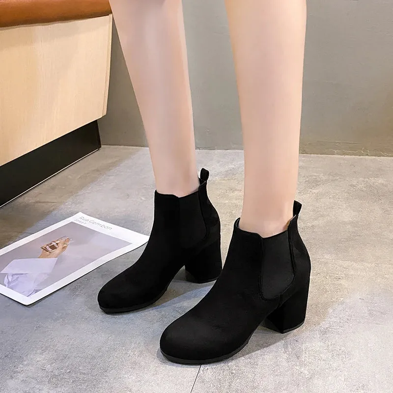 Botas Mujer 2023 Winter New Round Toe Flock Chelsea Boots Women Thick Heel Slip-On Retro Ankle Boots Women's Shoes Rubber Basic