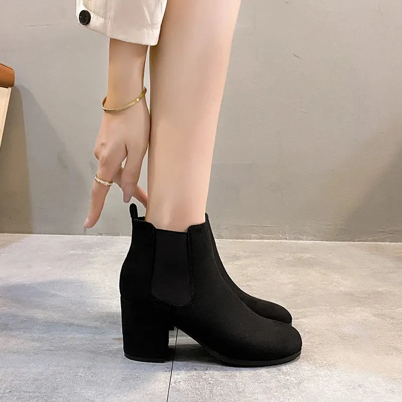 Botas Mujer 2023 Winter New Round Toe Flock Chelsea Boots Women Thick Heel Slip-On Retro Ankle Boots Women's Shoes Rubber Basic