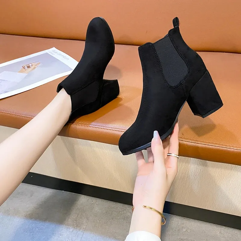 Botas Mujer 2023 Winter New Round Toe Flock Chelsea Boots Women Thick Heel Slip-On Retro Ankle Boots Women's Shoes Rubber Basic