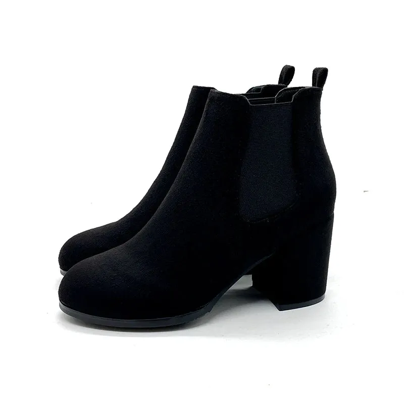 Botas Mujer 2023 Winter New Round Toe Flock Chelsea Boots Women Thick Heel Slip-On Retro Ankle Boots Women's Shoes Rubber Basic