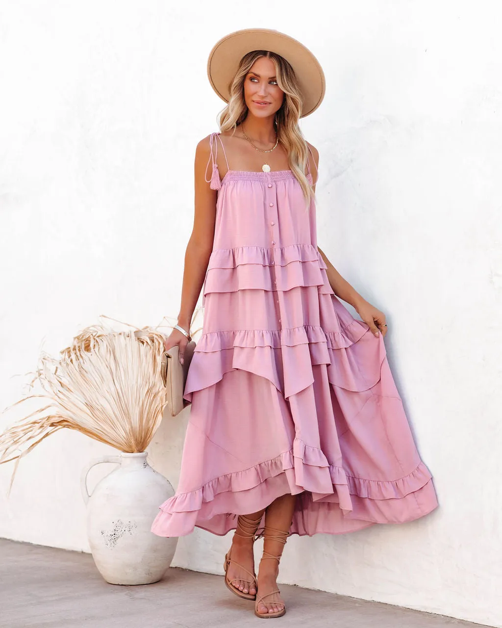 Brisbane Tiered Tassel Midi Dress - Mauve