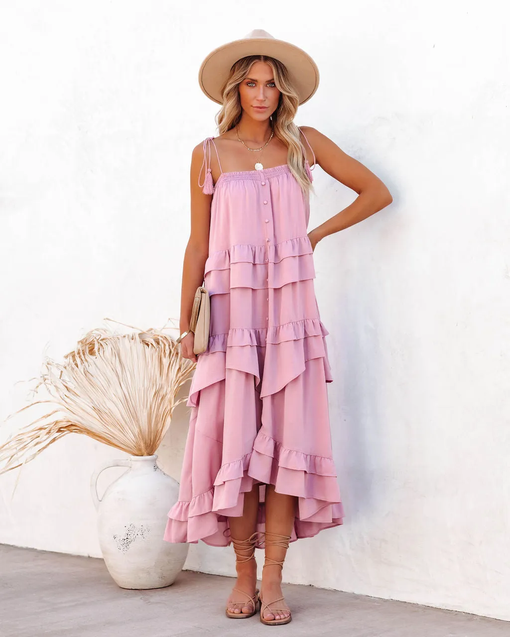 Brisbane Tiered Tassel Midi Dress - Mauve