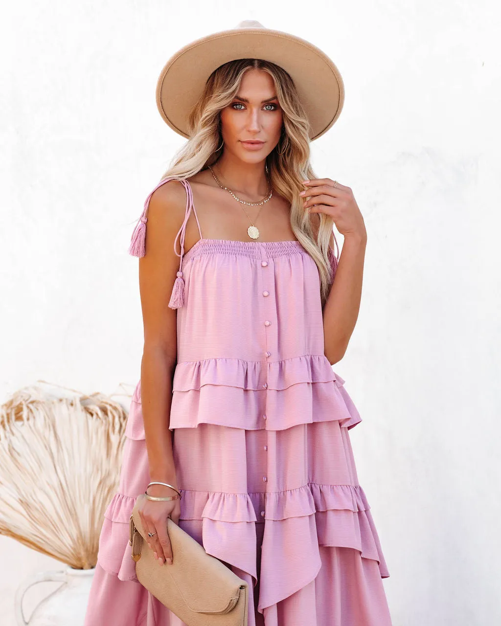 Brisbane Tiered Tassel Midi Dress - Mauve