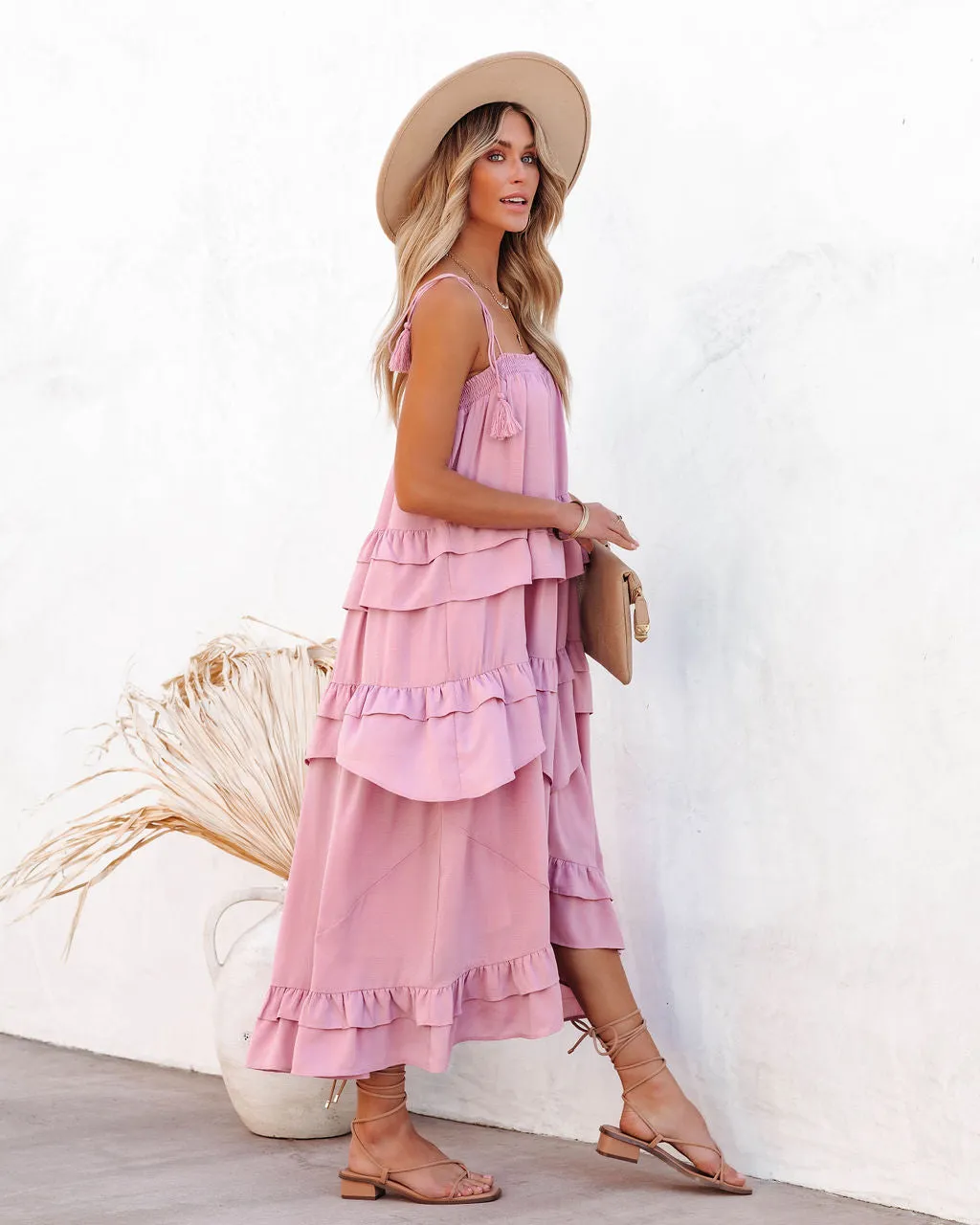 Brisbane Tiered Tassel Midi Dress - Mauve