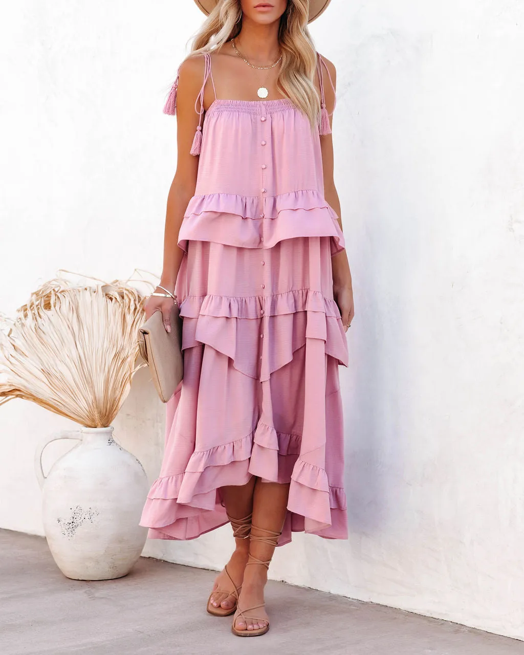 Brisbane Tiered Tassel Midi Dress - Mauve