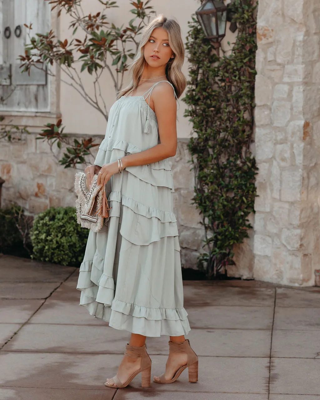 Brisbane Tiered Tassel Midi Dress - Sage