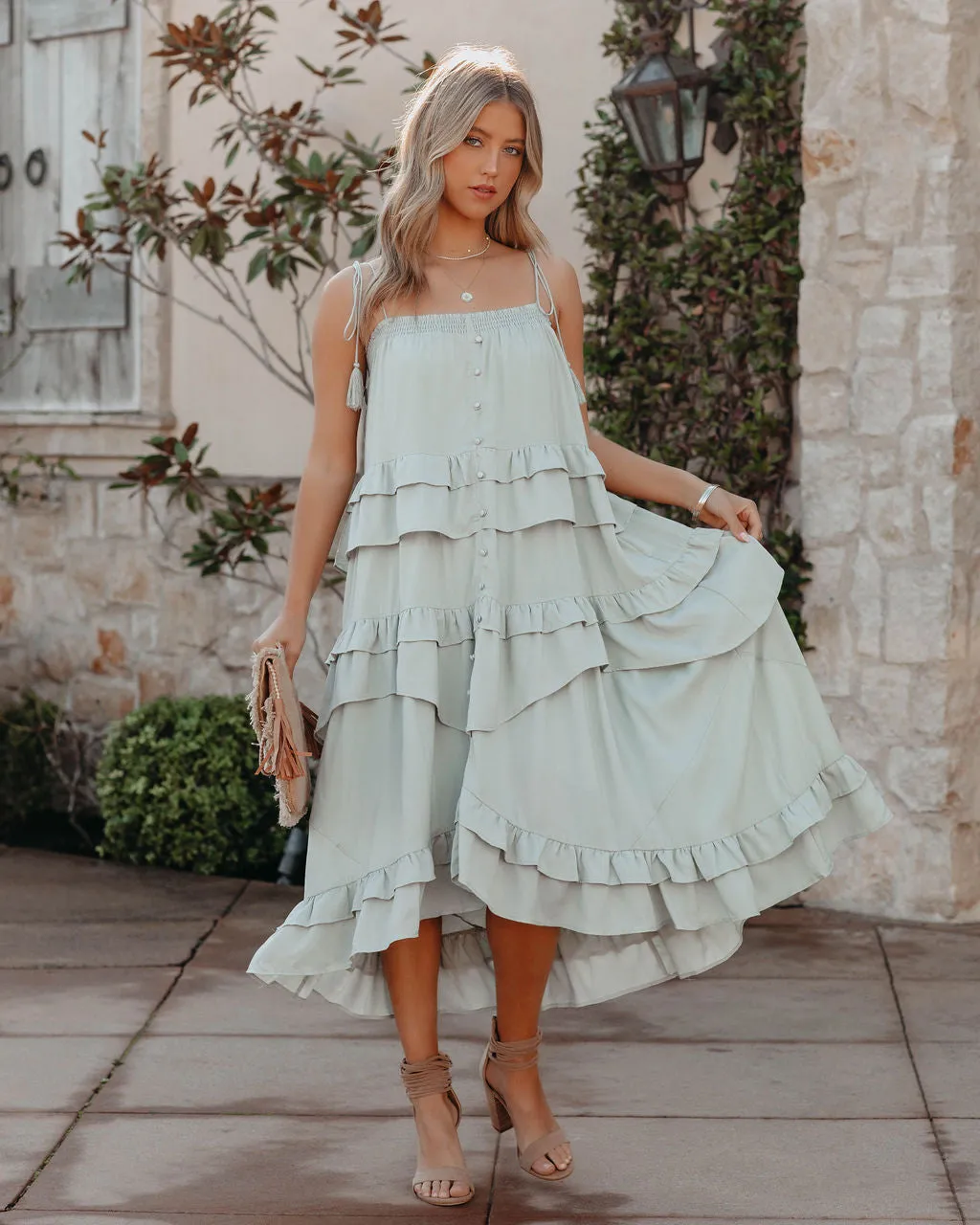 Brisbane Tiered Tassel Midi Dress - Sage