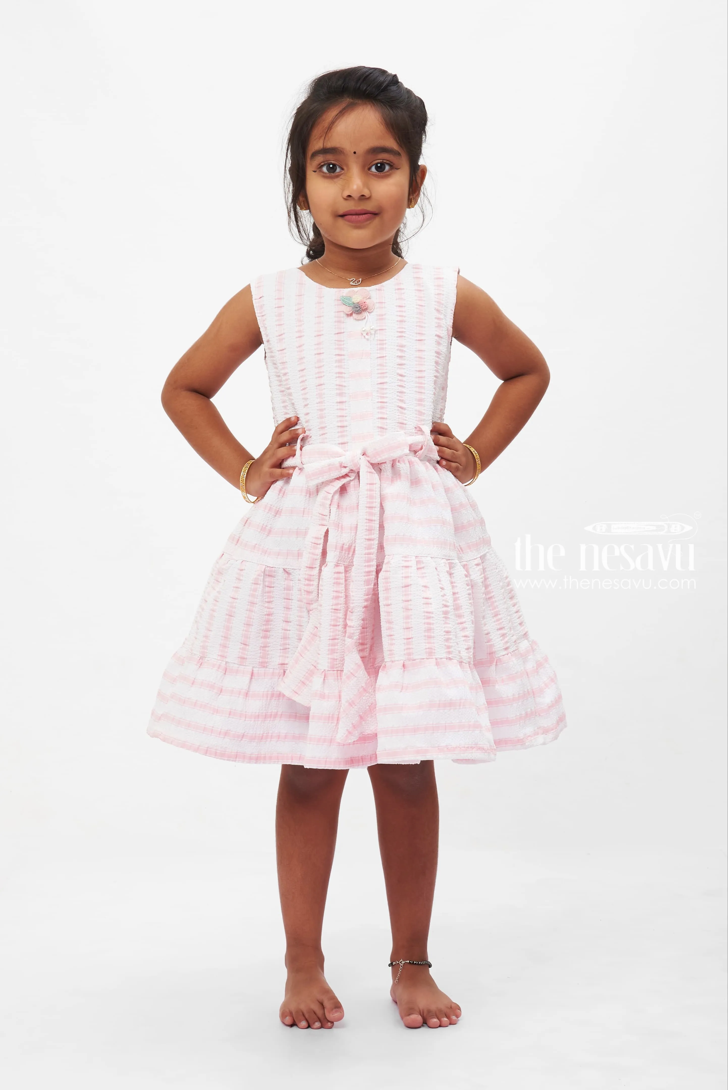 Candy Stripe Cotton Twirl Frock: Playful Pink with Bow Detail for Girls