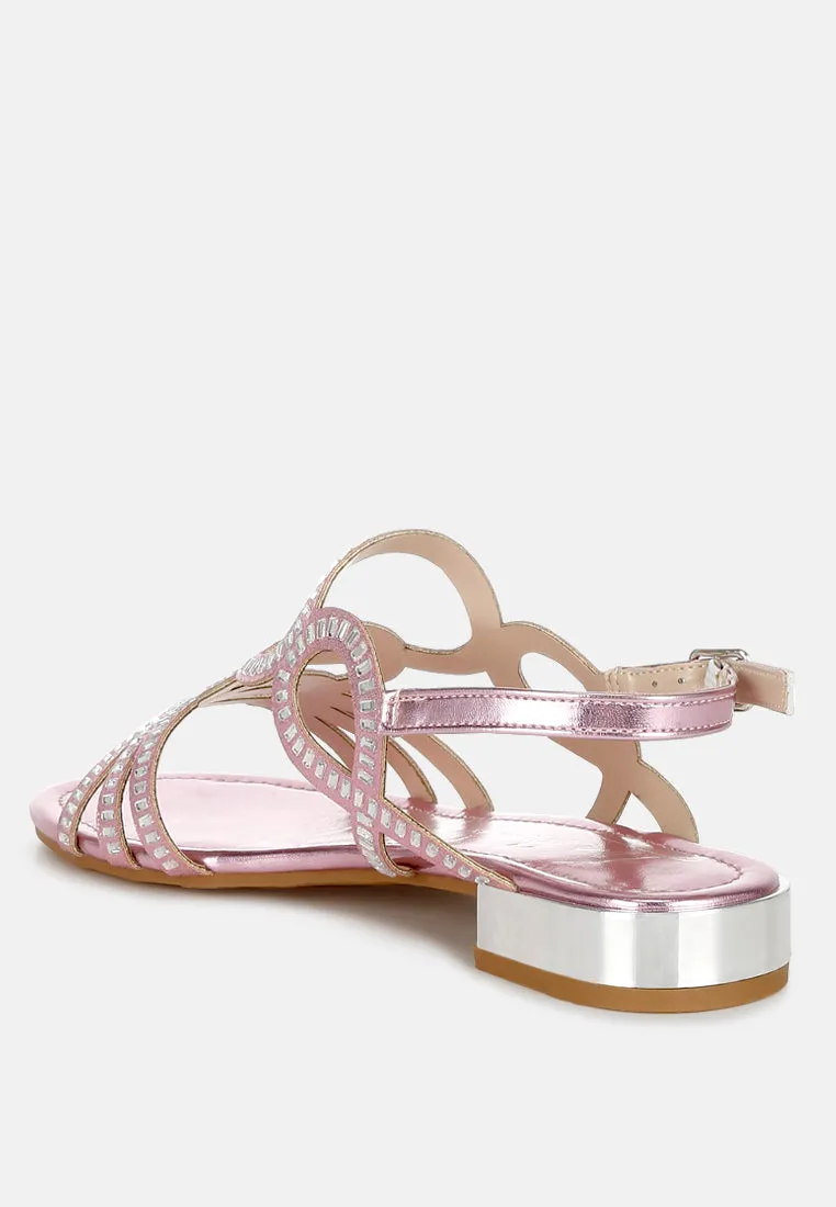 Cut Out Detail Rhinestone Flat Sandals by RUW